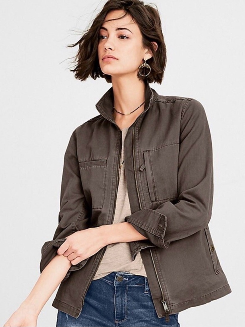 Garnet Hill Organic Cotton Olive/grey Utility Jacket with Zip Front
